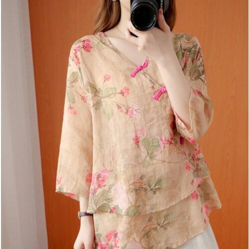 2021 Female Floral Printed Chinese Top Daily Casual Blouse National Chinese Style Hanfu Tops For Women Cotton Linen Thin Blouse