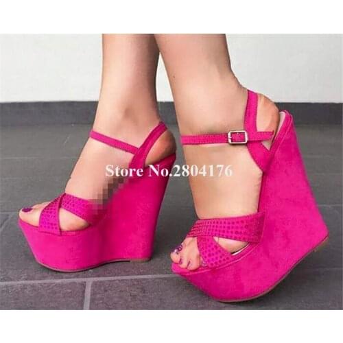 Women Elegant Fashion Open Toe Suede Leather High Platform Wedge Sandals Rose Red Super High Heel Wedge Sandals Dress Heels