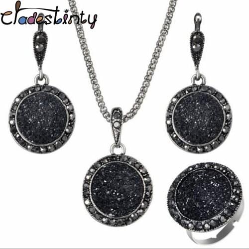 Chadestinty 3PCS Black Broken Stone Earrings Necklace Jewellery Sets For Women Vintage Boho Jewellery Round Adjustable Ring Set