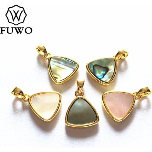 FUWO Hot sale Natural Abalone Shell Pendant With Gold Bezel Trimmed Colorful Pink Black White Seashell Triangle Jewelry PD580