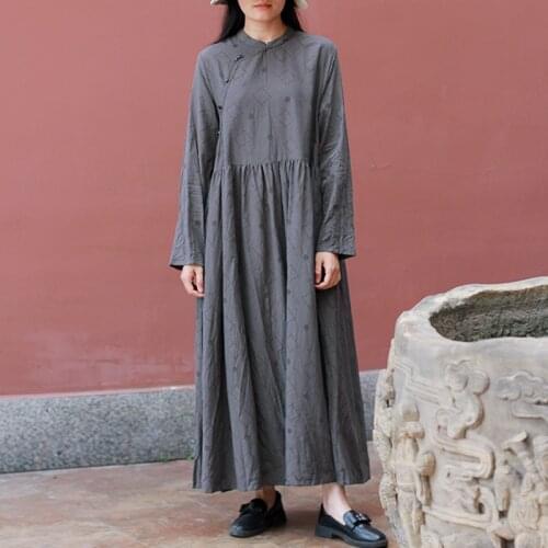 Johnature Women Chinese Style Dresses Long Sleeve Stand Cotton Jacquard Robes 2021 Autumn New Print Floral Soft A-Line Dresses