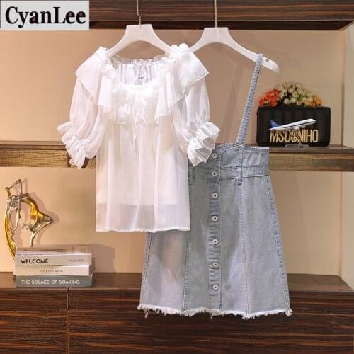 Women Sets Tops and Skirt Suit 3 Piece Set Shirt Denim Suspender Skirts set Womens Strap Chiffon Female 2020 Summer lady sets