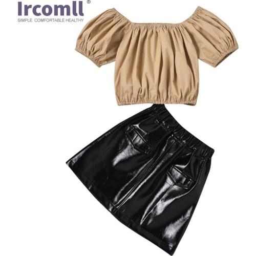 Ircomll 2-6Y 2pcs Kids Clothes Girls Soild Lantern Sleeves Pullover + PU Skirt Top and Skirt Set Childrens Costumes