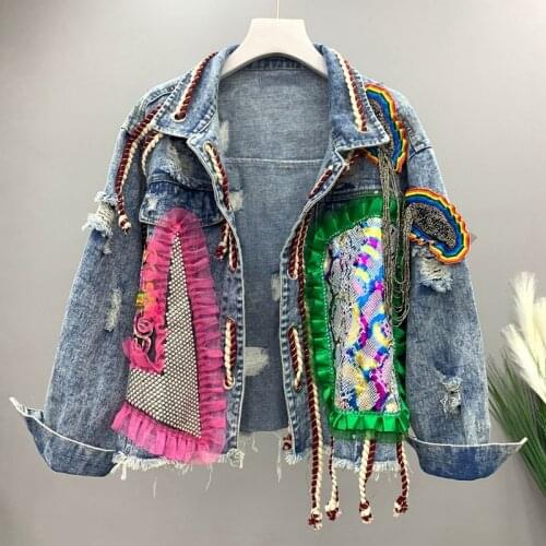 Spring Autumn New Burr Denim Jacket Heavy Industry Diamond Mesh Hole Contrasting Color Jeans Coat Harajuku Female Outerwear