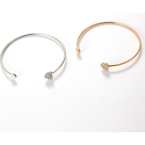 Fashion Adjustable Stainless Bangle Crystal Double Heart Bow Bilezik Cuff Opening Bracelet For Women Girlfriend Jewelry Gift