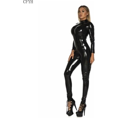 New PVC Faux Leather Skinny Jumpsuit Zipper Open Crotch Bodysuit Women High Street Solid Sexy Club Playsuit Plus Size S-5XL