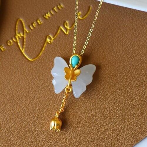 New Silver Natural Hotan white jade Turquoise butterfly long pendant necklace Chinese style retro court charm womens jewelry