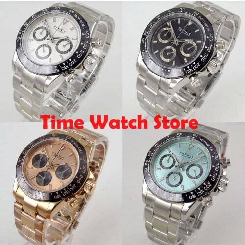 Parnis 39mm Quartz stop wrist watch men waterproof ss bracelet 24 hours Chronograph blue black white dial luminous sapphire