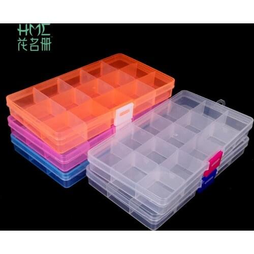 5 Colors Plastic Rectangle 15 Compartment Storage Box Earring Ring Jewelry Bin Bead Case Container Display Organizer