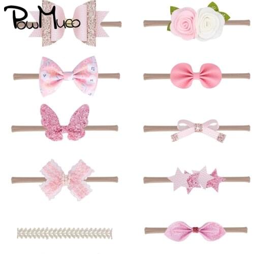 Powmuco 10pcs/lot Lovely Bunny Ears Elastic Nylon Headband Glitter Sequins Bowknot Infant Hairband Pink Headwear Set Kids Gifts
