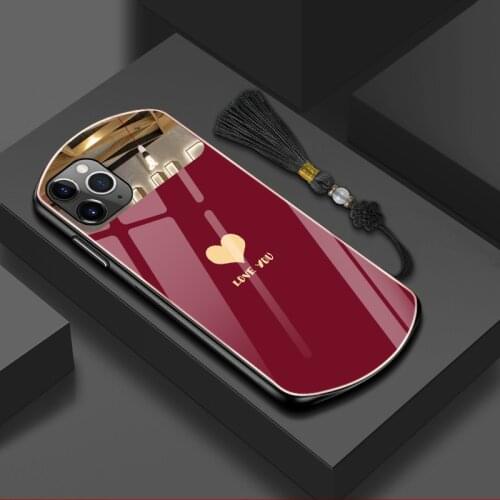Luxury Cute Oval Heart-shaped Tempered Glass Phone Case For iPhone 12 11 Pro Max XSmax XR X SE 8 7 6 Plus Mirror Lanyard Cover