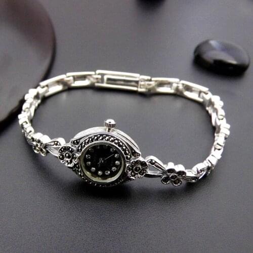 S925 Silver Retro Ethnic Thai Silver Jewelry Bracelet Personality Small Flower Quartz Watch Wholesale Watch New