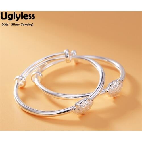 Uglyless 1Pair Full Silver 99.9% Traditional Push-pull Bangles for Kids Unisex Adjustable Bangle Heart Shape Babies Silver Gifts