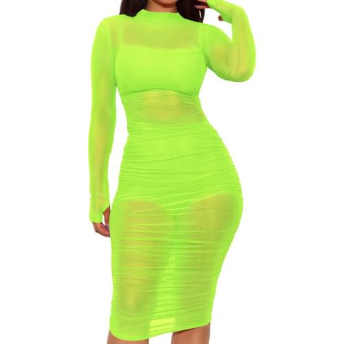WJFZQM Women Long Sleeve Mesh Sheer Sexy Bodycon Dress High Waist Club Party Pencil Mesh See Through Women Pleated Midi Dresses