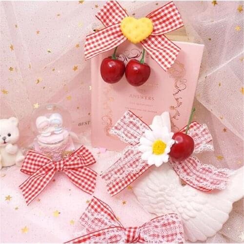 Sweet Girl red cherry Classic Plaid lace Bowknot Hair clip Lolita Kawaii Hair Pin Headwear Cosplay Side clip B965