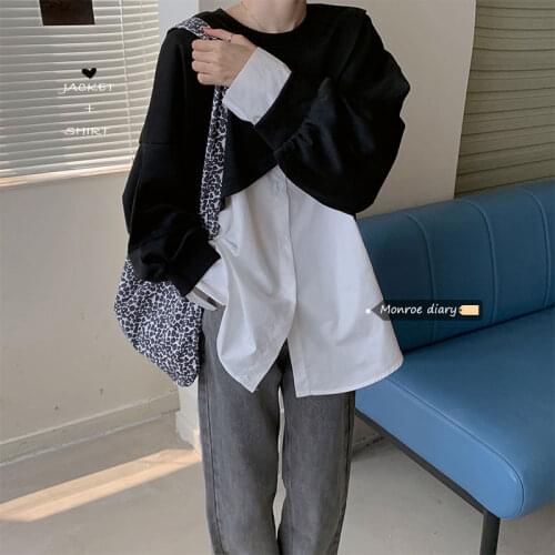 Womens Hoodies Pullover O Neck Solid Color Long Sleeves Creative Shirt 2pcs Design Short Tops Wholesale Fashion Lady Clothes