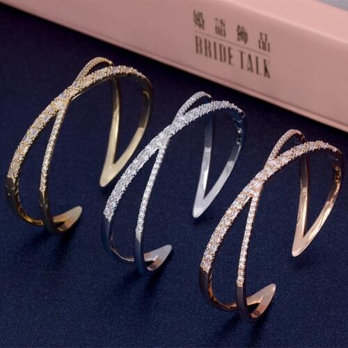 BRIDE TALK Women Bridal Jewelry Set Turkish Luxury Micro Paved Baguette Cubic Zircon Adjustable Bangle/Ring Sets Rose Gold Color