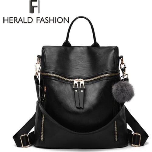 Herald Fashion Simple Backpack Women PU Leather Backpack For Teenage Girls School Bags Fashion Vintage Solid Black Shoulder Bag
