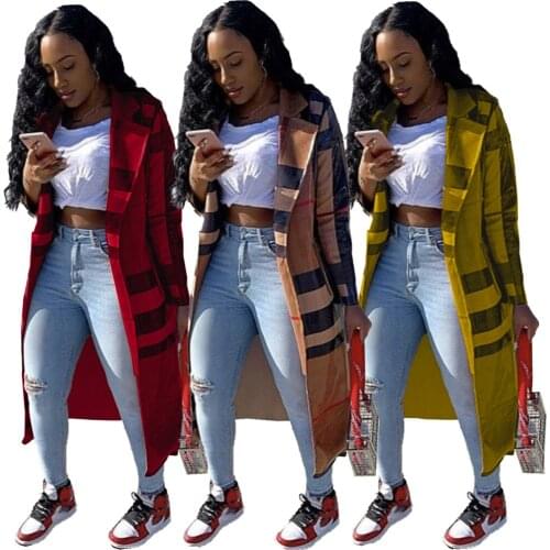 FNOCE 2021 new spring womens coats fashion trends streetwear elegant Plaid patchwork long sleeve X-Long slim windbreaker