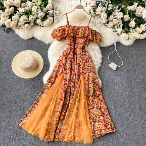 Summer 2021 New Temperament Fashion Floral Vestidos Feminine Strapless Slim Slimming Midi Dress with Ruffles C548