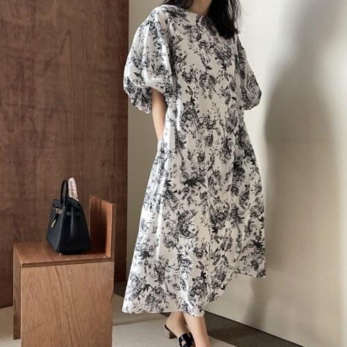 Johnature New Korean Ink Printing Puff Sleeve Dress 2021 Summer Vintage O-neck Loose Pockets Tie Women Dresses
