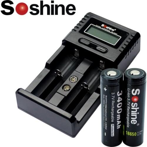 2pcs Soshine 18650 3.7V 3400mAh Rechargeable Battery Protected High Discharge Li-ion Batteries with H2 LCD 18650 charger