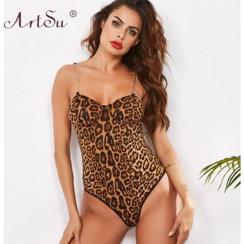 ArtSu Fashion 2019 New Leopard Print Bodysuits V-Neck Fitness Metal Chain Strap Women Sexy Push Up Bodysuit Club Party Wear
