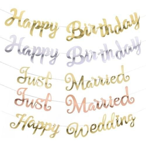 1set Just Married Banner Happy Wedding Banners Gold Silver Happy Birthday Hanging Bunting Kids Birthday Wedding Party Decoration