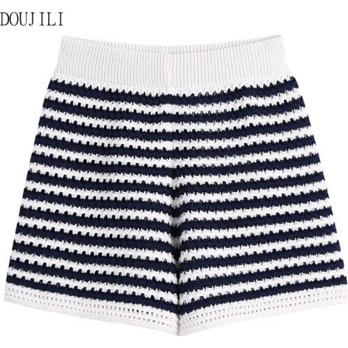 DOUJILI 2021 Elegant Women Shorts High Waist Stripe Soft Knitted Casual Short Pant Summer Streetwear