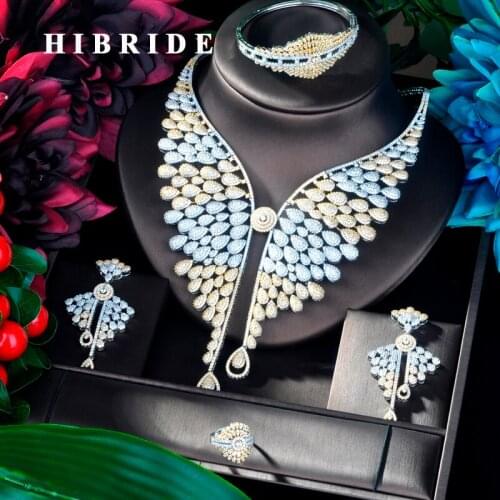 HIBRIDE Big 4 pcs Plant Shape Pendant Gold Color Luxury Women Jewelry Set For Bridal Party Accessories Jewelry Party Gifts N-919