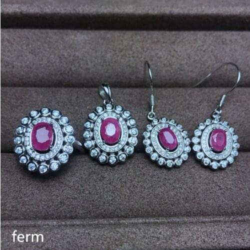 KJJEAXCMY exquisite jewelry 925 pure silver inlaid natural ruby ladies jewelry set rings Pendant Earrings 4 sets