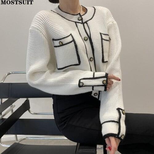 Elegant Vintage Chic Cardigan Tops Women Full Sleeve O-neck Single-breasted Sweaters Coats Color-blocked Korean Stylish Jumpers