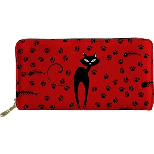 PU Leather Red Women Wallet Luxury Style Female Portable Stylish Money Bag Cat Print Zip Around Clutch Wallets Long Coin Purse