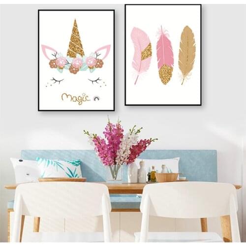 Room Girl Room Cute Wall Decorative Painting Pictures Pink Cartoon Unicorn Canvas Painting Dream Rainbow Magic Poster Childrens