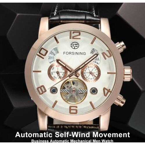 Fashion Automatic Business Watch for Men Tourbillon Mechanical Wristwatches with Black Genuine Leather Strap Gift Box