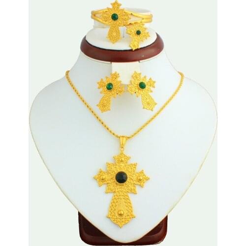 2019 Fashion Women Green Stone Ethiopian Women Jewelry Set Gold Color Cross Flower African Bride Jewelry Accessories JH Brand