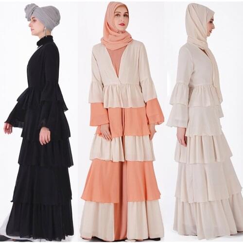 Islamic Womens Open Tiered Chiffon Abayas Muslim Long Sleeve Fringed Dress Arabic Dubai Turkish Women Clothing