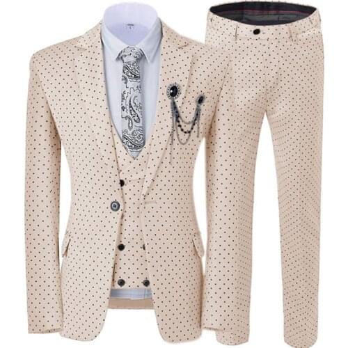 Beige Mens Wedding Suit Three Pieces Dots Printed Slim Fit Notch Lapel Tuxedos Tailcoat Best Men Double Breasted Vest