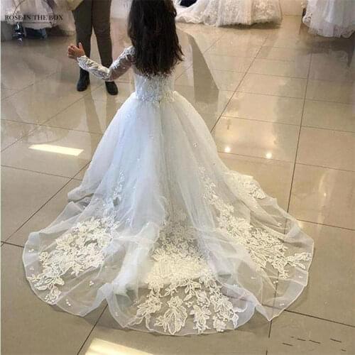 Cute Back Bow Lace Ball Gown Flower Girl Dresses For Wedding Sweet Long Sleeve Soft Tulle Girls Princess Communion Dresses