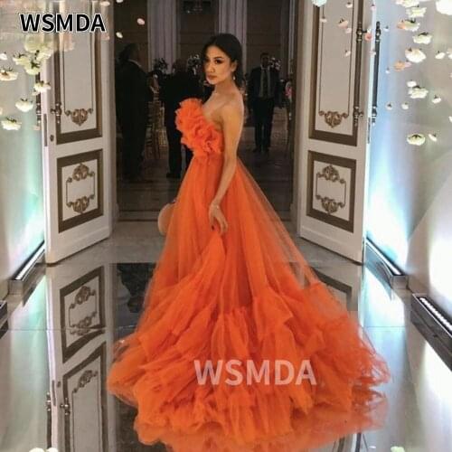 Orange Ruffles Tulle Evening Party Dresses Strapless Tiered Plus Size Prom Dresses 2021 A Line Special Occasion Gowns