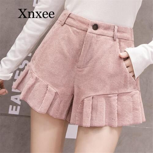 Autumn Winter Corduroy Shorts Women Korean Style High Waist Ruffle Hem Short Pants Kawaii Cute All-Match Boots Shorts Girls