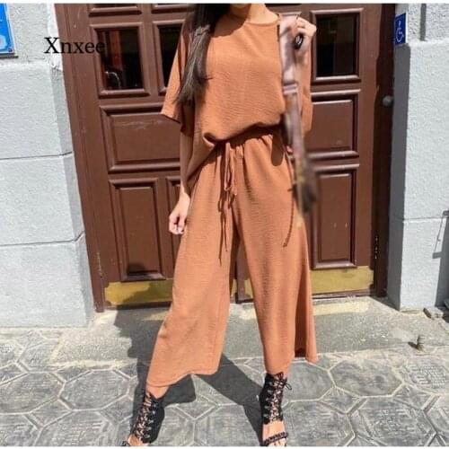 Autumn Leisure Sportswear 2-Piece Suit Half-Sleeved Loose T-Shirt Womens Suit Solid Color Street Trousers Ladies Suit
