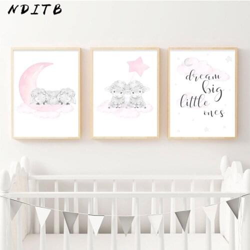 Dream Big Nursery Quotes Sheep Animal Child Poster Wall Art Print Canvas Painting Nordic Kids Baby Bedroom Decoration Picture