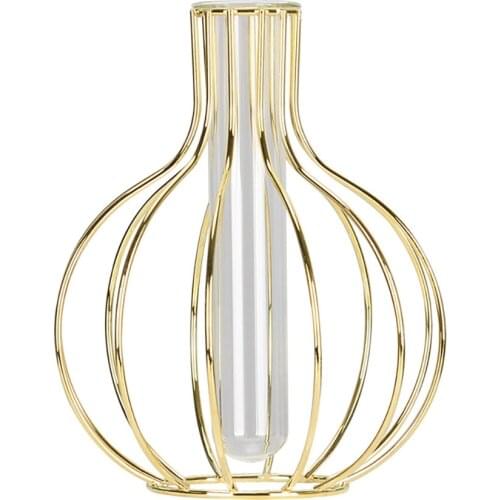 Luxury Transparent Glass Vases With Geometric Metal Golden Flowers Pot Hydroponic Glass Tube Vase Home Room Decoration Ornaments
