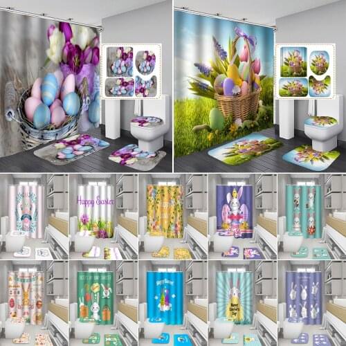3d Easter Polyester Shower Curtains Set Rabbit Egg Flower Basket Prints Pedestal Rug Toilet Cover Bath Mat Bathroom Decor