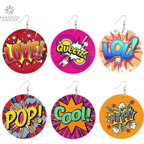 SOMESOOR Double Sides Colorful Pop Art Wood Drop Earrings LOVE BOOM QUEEN Comics Vintage Stickers Design Jewelry For Women Gifts