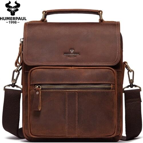 HUMERPAUL Genuine Leather Men Shoulder Bag Vintage Crossbody Bags High Quality Male Messenger Bag Luxury Handbag Large Capacity