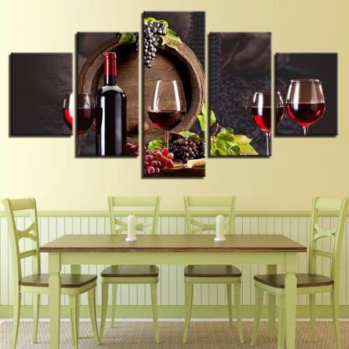 Embelish 5 Pieces Red Wine Glasses Modular Pictures For Kitchen Decor HD Canvas Painting Home Decor Posters Oak Barrels Posters