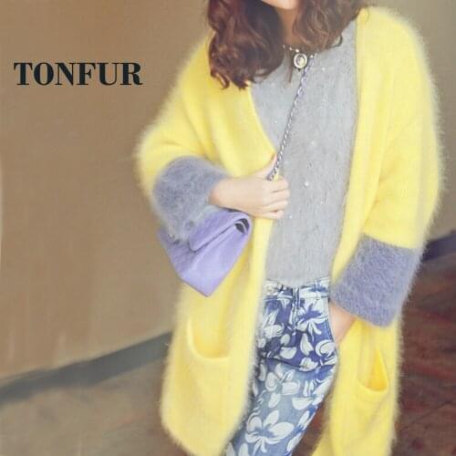 Knitted Real Mink Cashmere Coat Casual Fashion Women Mink Cashmere Cardigans Contrast Color Mink Sweater FP945