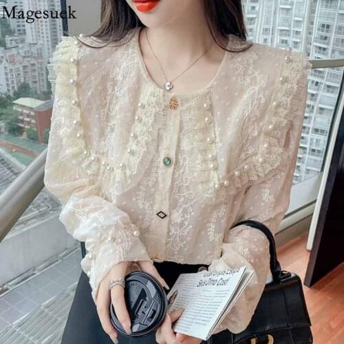Womens Blouse 2021 Fashion Big Lapel Beading White Womens Long Sleeve Top Elegant Flower Blouse with Lace Chiffon Shirts 16332